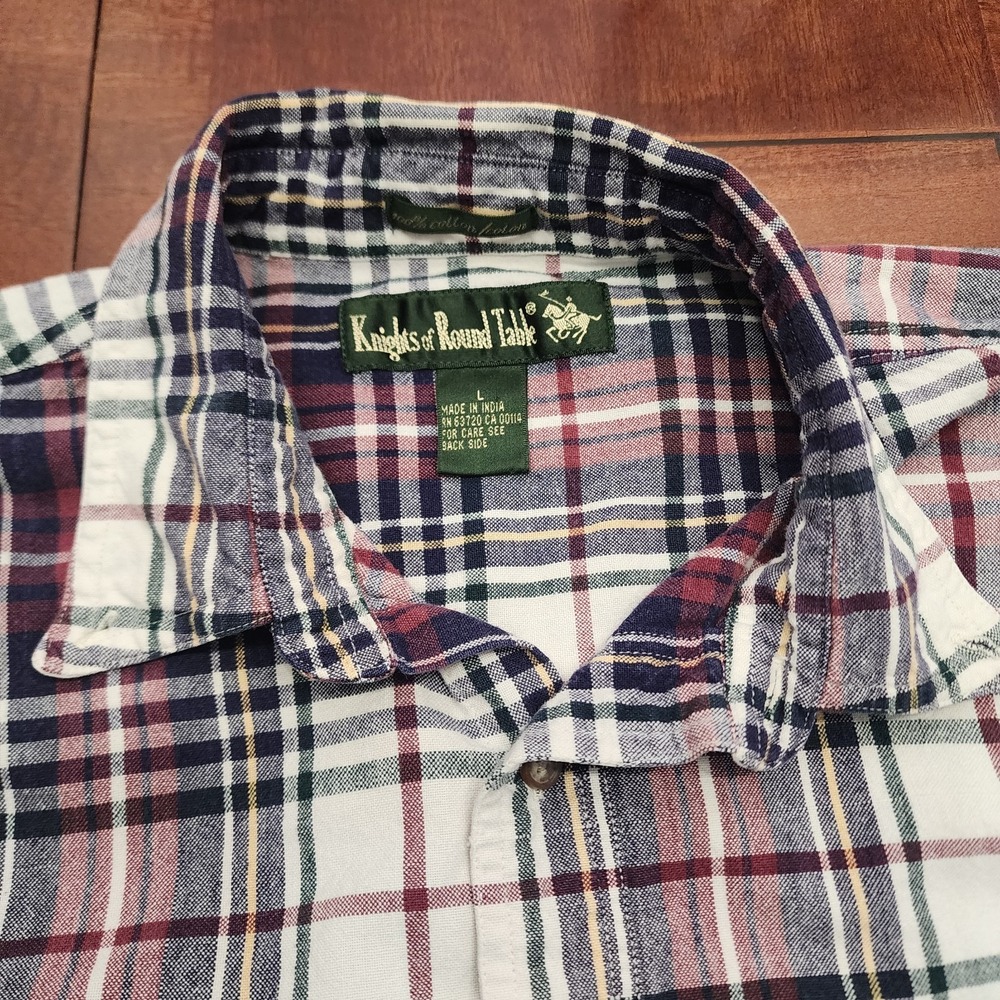 VTG 90s Knights of the Round Table Plaid Button Down Shirt Large Cotton India - Picture 3 of 11